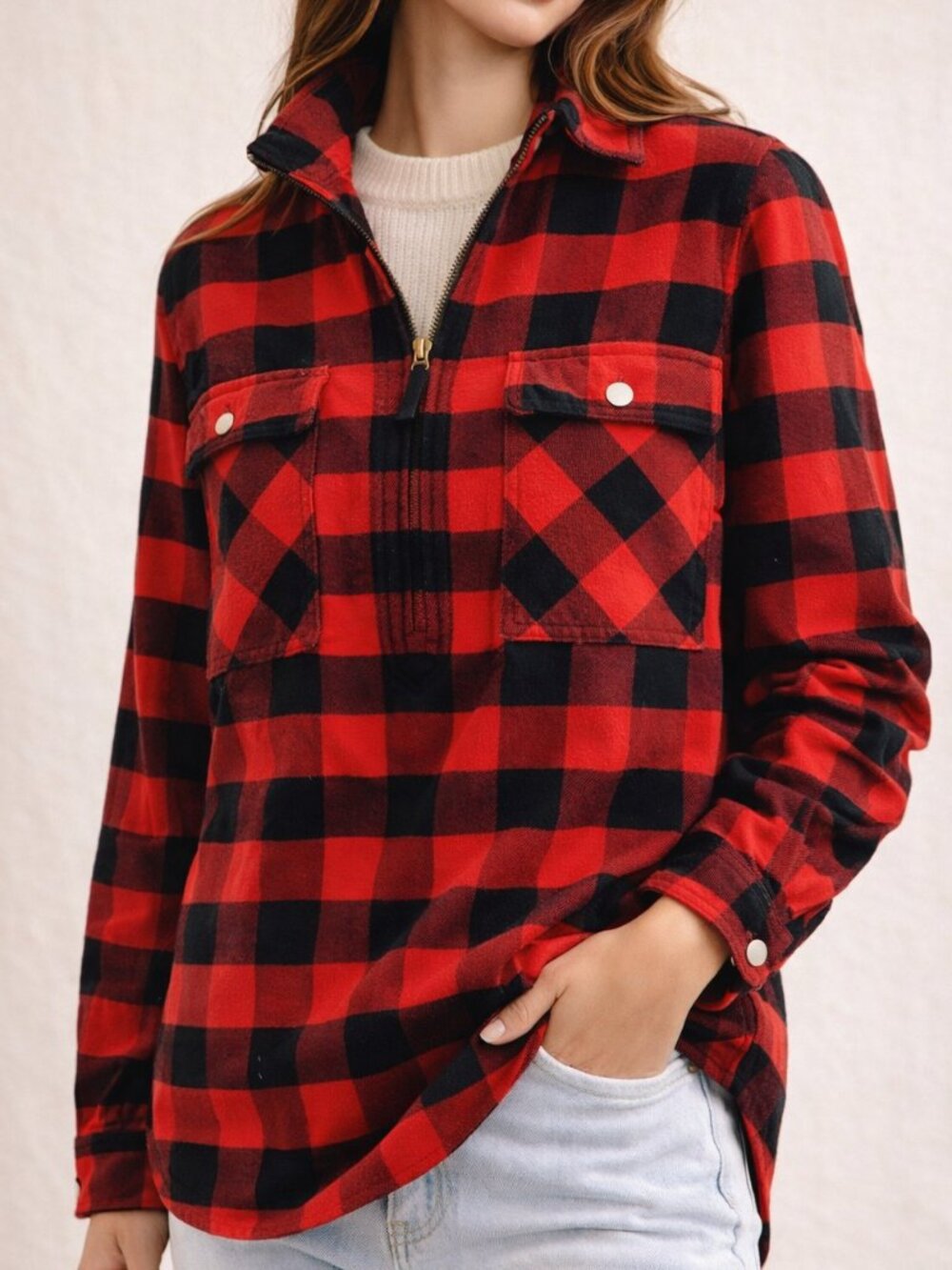 J. Crew Buffalo Check Plaid Half-Zip Flannel Pullover Shirt Jacket Red Black XS